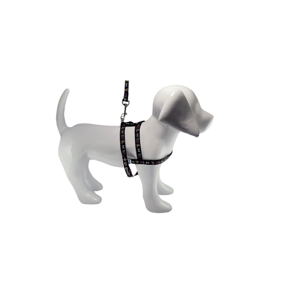 Guia e Peitoral Estampada Dog Santa Fé Pet Preto