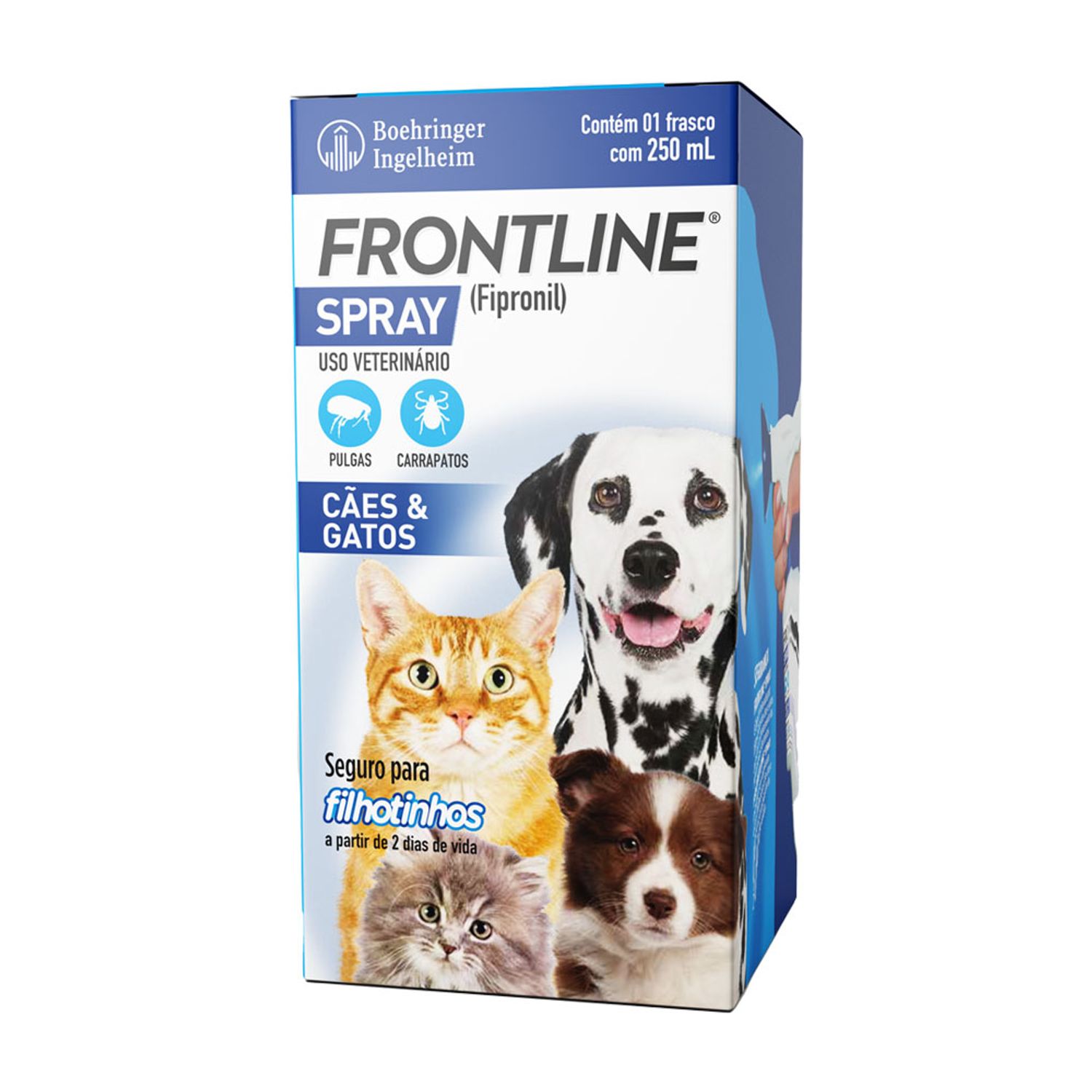 Antipulgas e Carrapatos Frontline Spray Cães e Gatos 250g embalagem