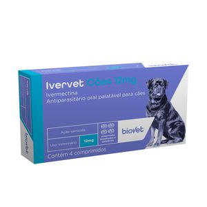 Antiparasitário Ivervet Cães 12mg Biovet - 4 comprimidos