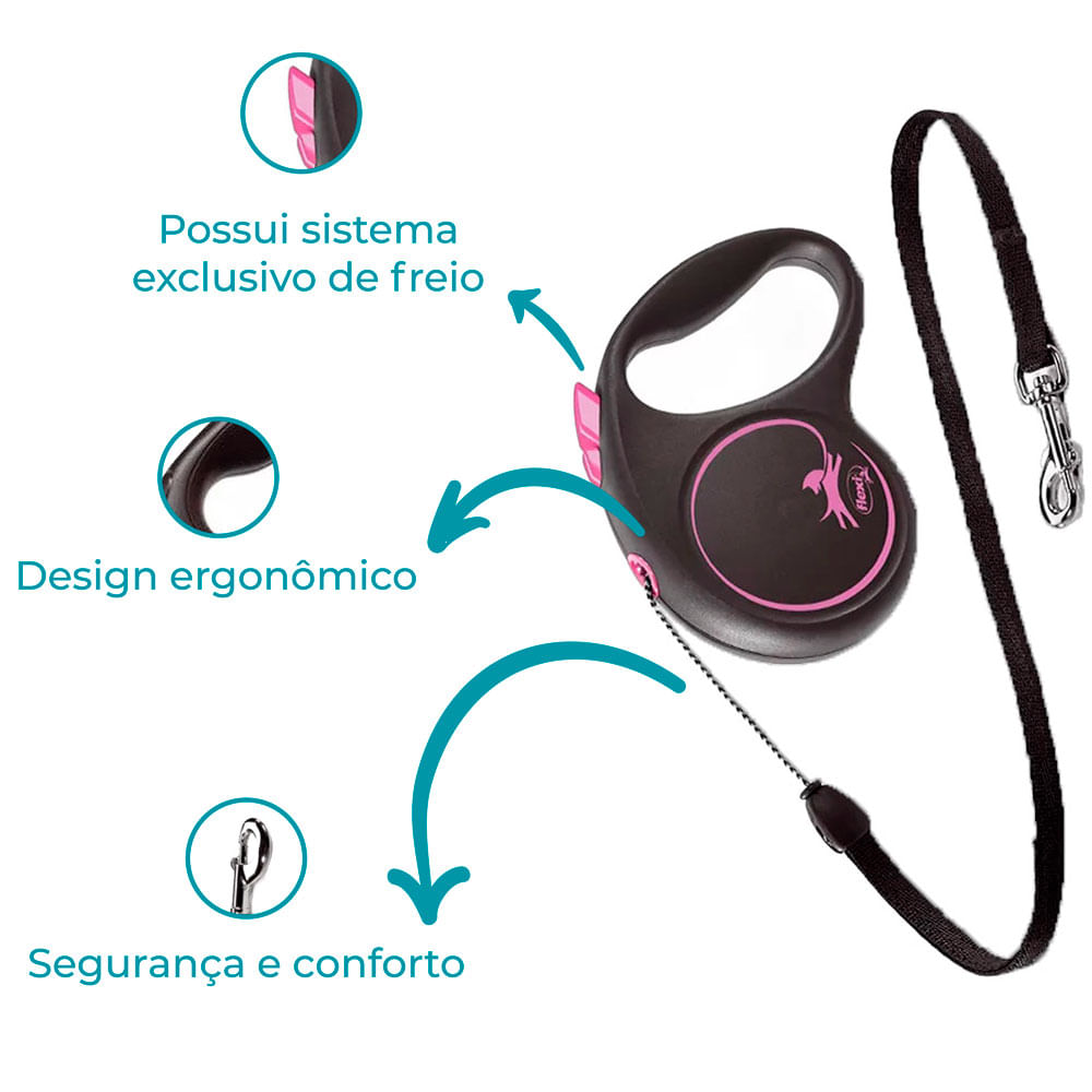 Guia Retrátil Black Design Flexi Rosa