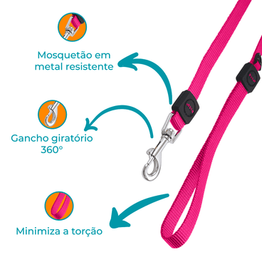 Guia Cães Nylon Doco Rosa Detalhes