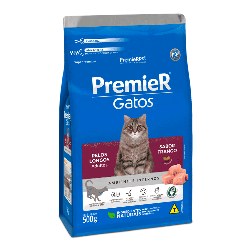 Ração Premier Ambientes Internos Gatos Adultos Pelos Longos Frango