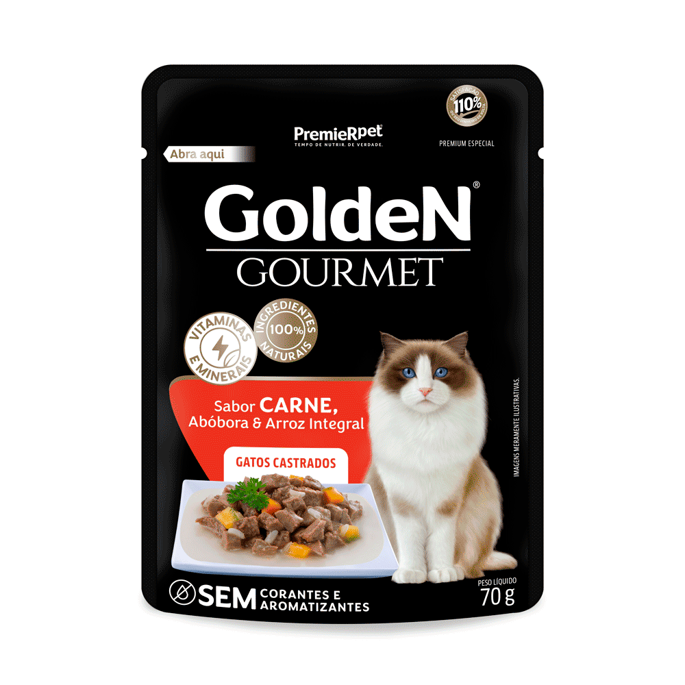 Ração Úmida Golden Gourmet Gatos Castrados Carne