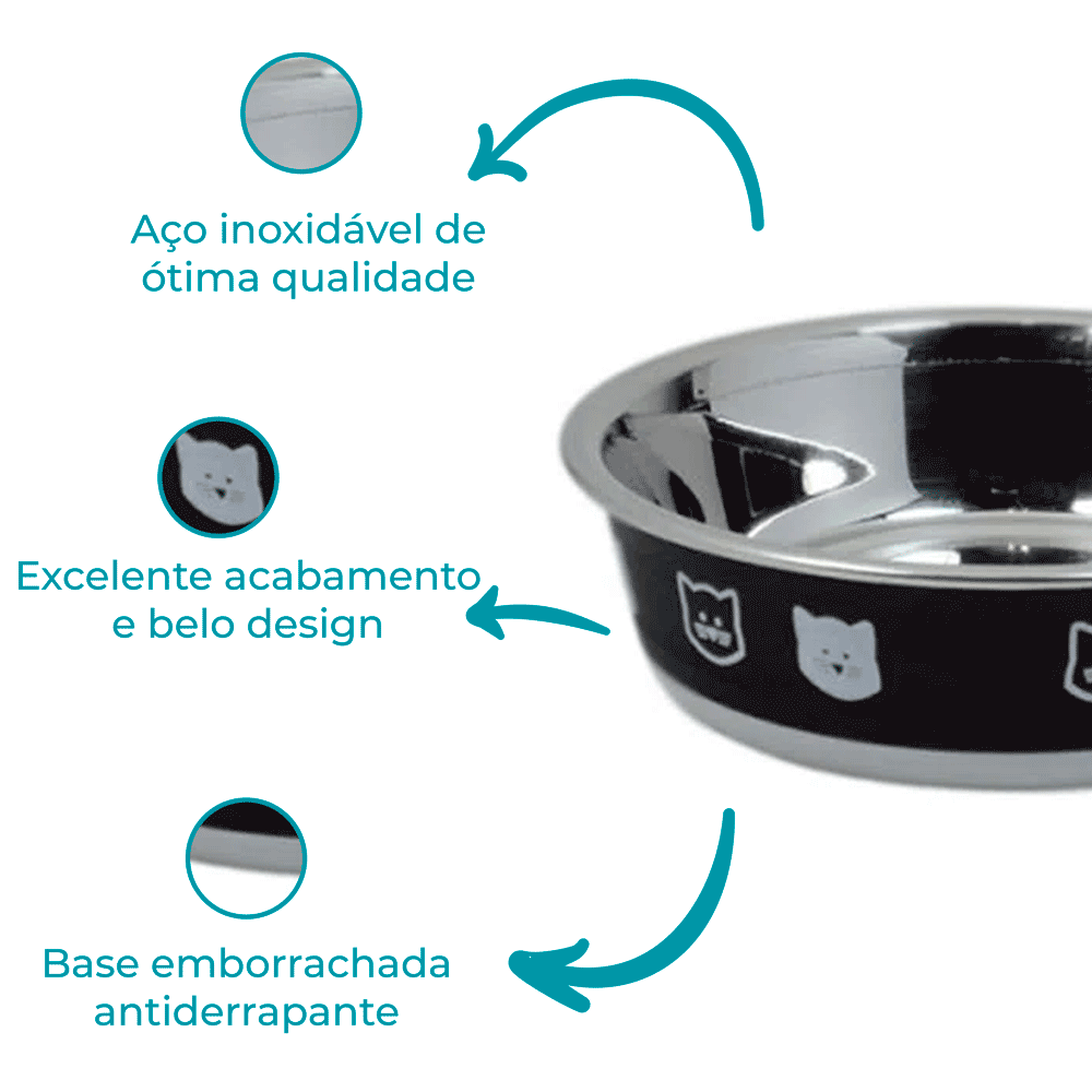 Comedouro Gatos Inox Fusion Preto Jambo