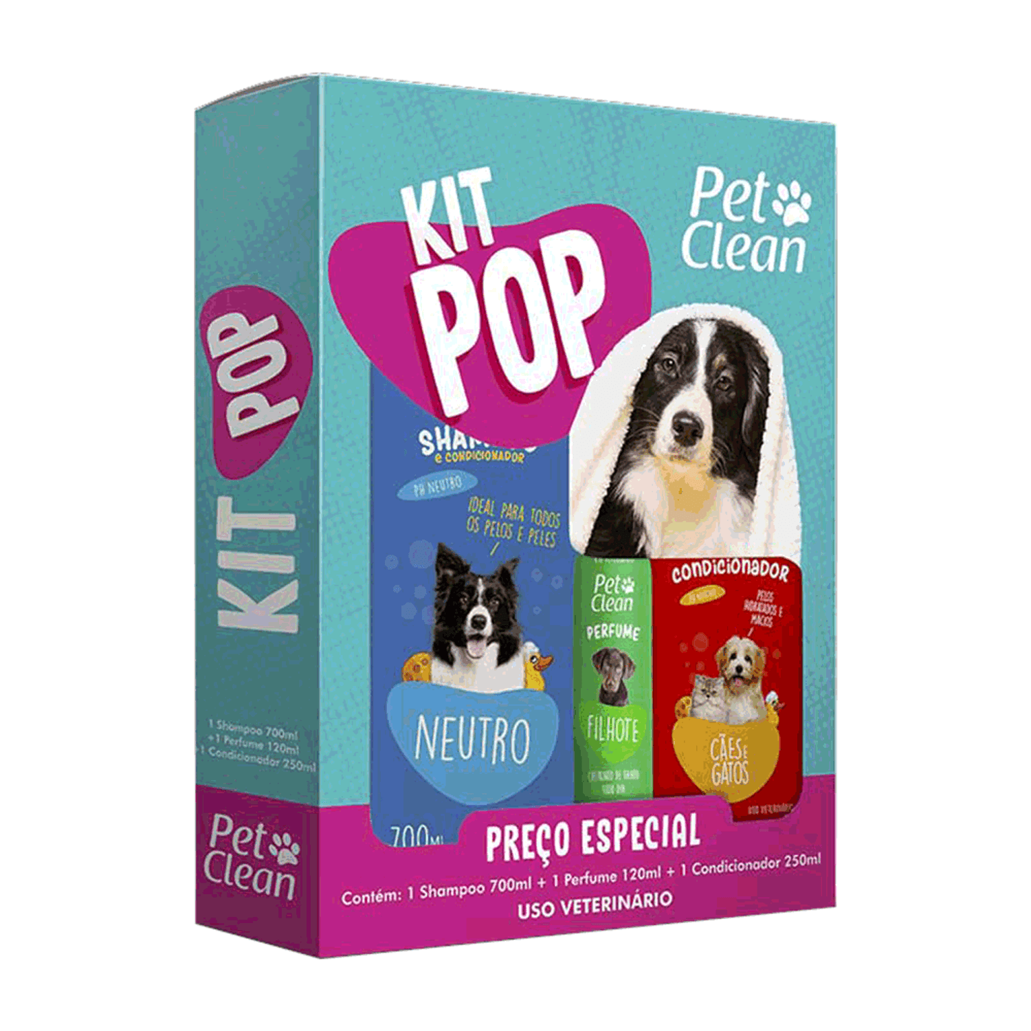 Kit Pop Shampoo, Condicionador e Perfume Pet Clean embalagem