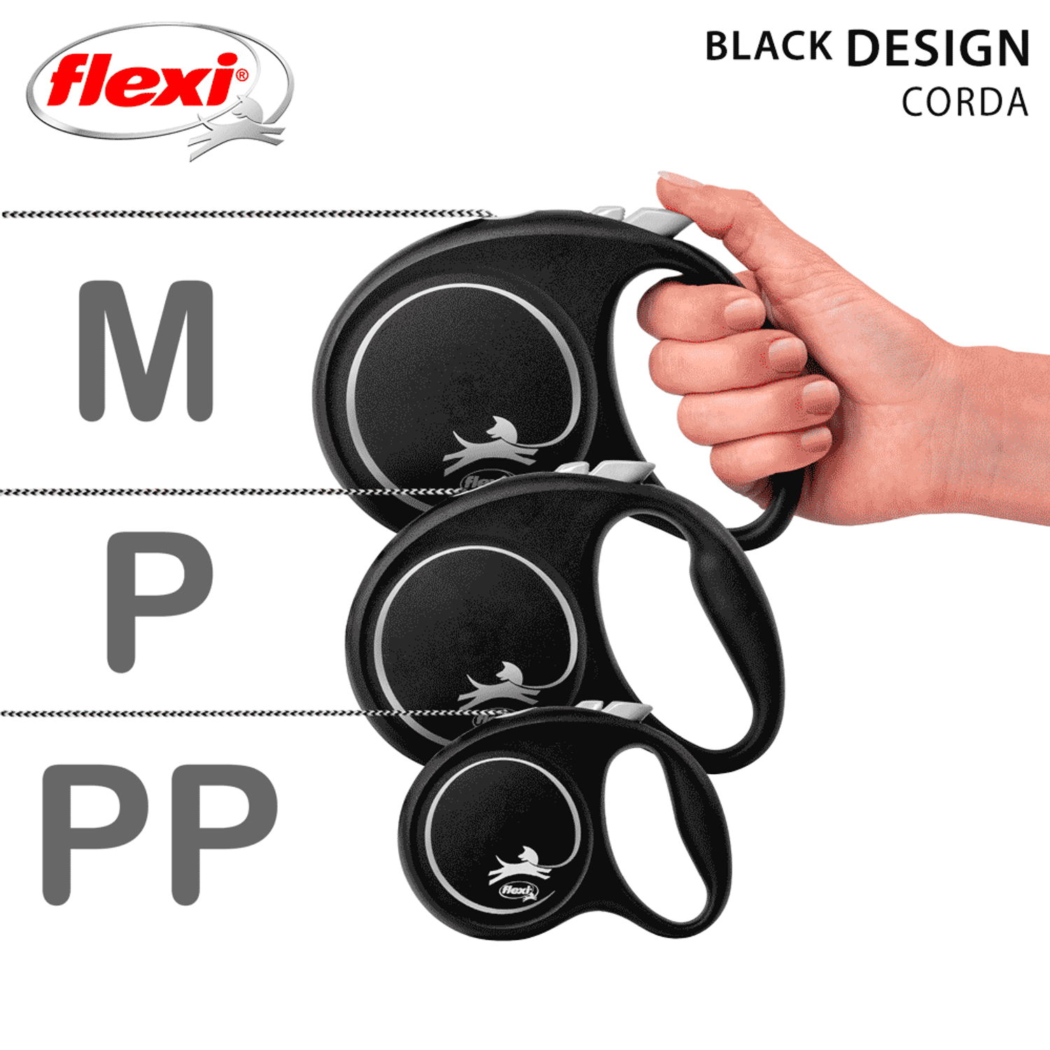 Guia Retrátil Black Design Flexi Prata Tamanhos