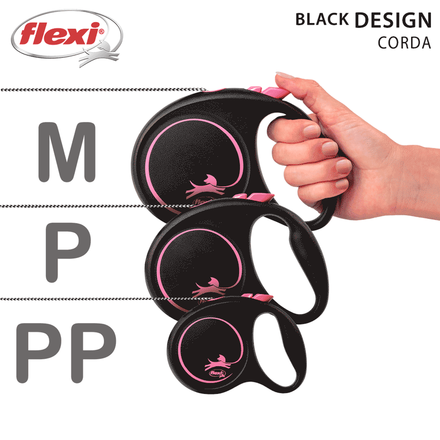 Guia Retrátil Black Design Flexi Rosa Tamanhos