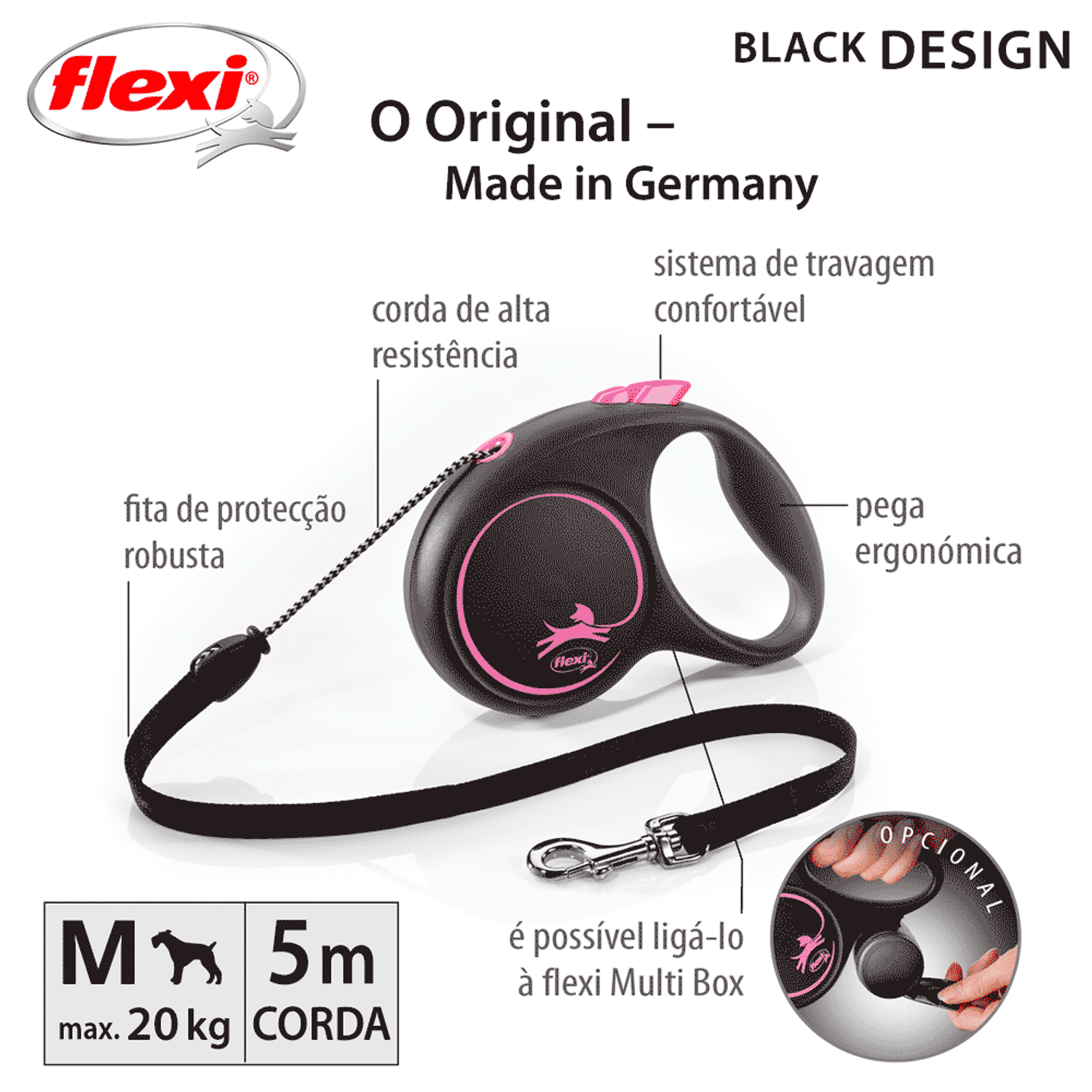 Guia Retrátil Black Design Flexi Rosa Informações