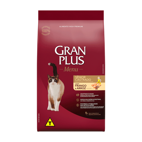 Ração GranPlus Menu Gato Sênior Castrados Frango e Arroz 3 kg