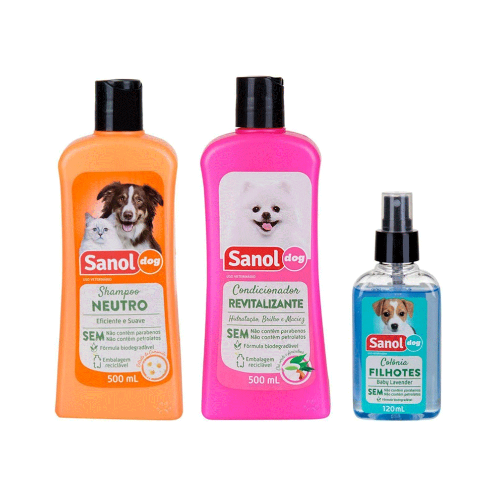 Kit Shampoo, Colônia e Condicionador Sanol Dog