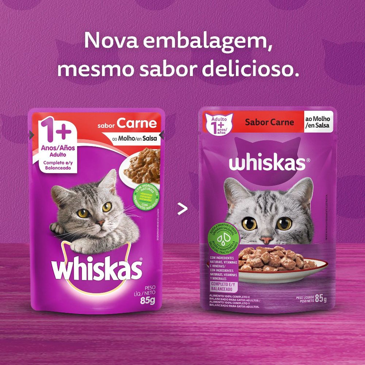 Comparativo embalagens whiskas velha para nova