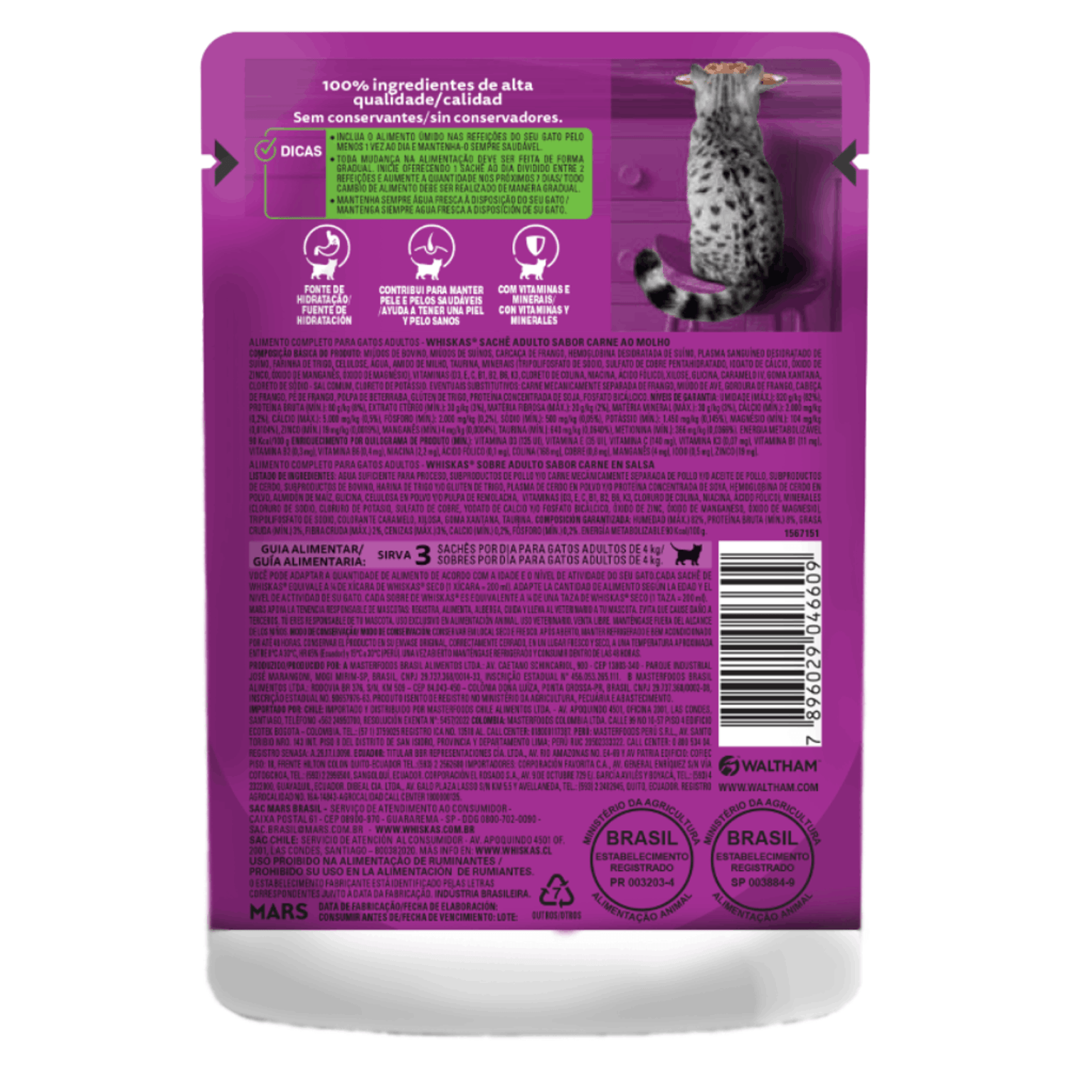 Ração Úmida Whiskas Sachê Carne ao Molho Gatos Adultos Verso
