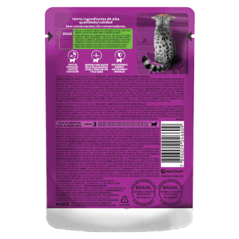 Ração Úmida Whiskas Sachê Carne ao Molho Gatos Adultos