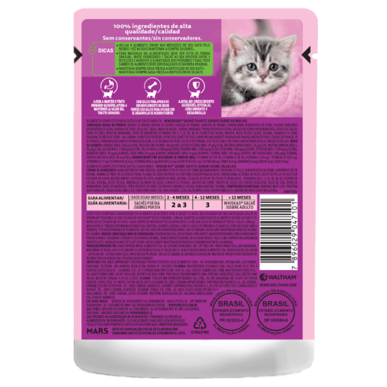 Ração Úmida Whiskas Sachê Carne ao Molho Gatos Filhotes Verso