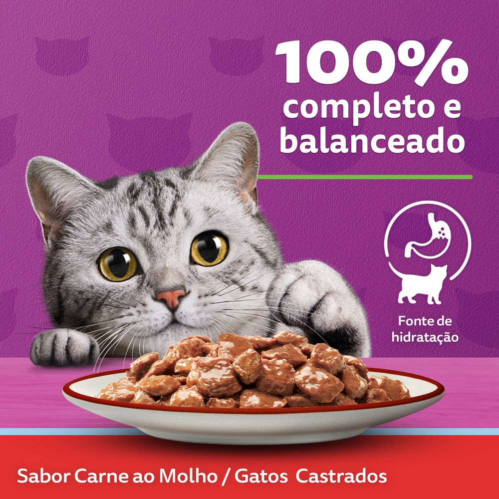 Ração Úmida Whiskas Sachê Carne ao Molho Gatos Adultos Castrados