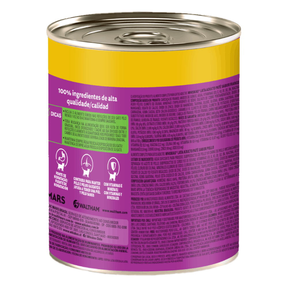 Ração Úmida Whiskas Lata Patê para Gatos Adultos Frango