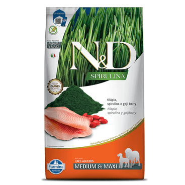 Ração N&D Spirulina Cães Adultos Medium e Maxi Tilápia frente