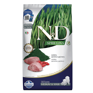 Ração N&D Spirulina Cães Puppy Medium e Maxi Cordeiro frente