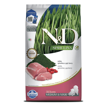 Ração N&D Spirulina Cães Puppy Medium e Maxi Suíno frente