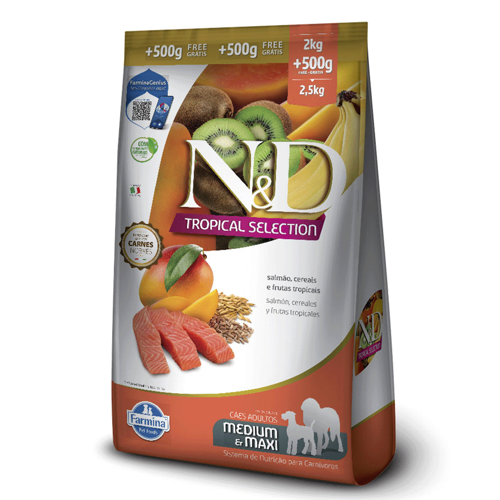Ração N&D Tropical Selection Cães Adultos Medium e Maxi Salmão