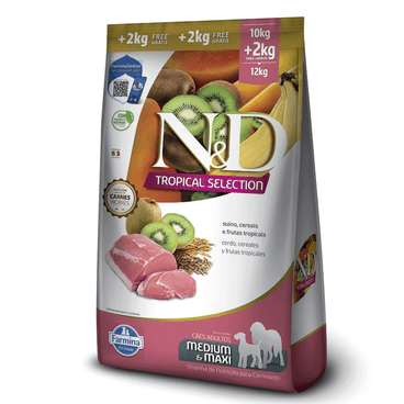Ração N&D Tropical Selection Cães Adultos Medium e Maxi Suíno  10 kg + 2 kg Grátis lado