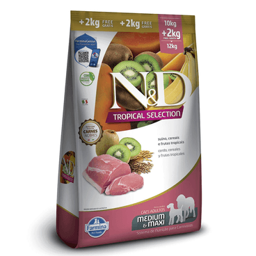 Ração N&D Tropical Selection Cães Adultos Medium e Maxi Suíno  10 kg + 2 kg Grátis lado