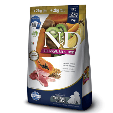 Ração N&D Tropical Selection Cães Puppy Medium e Maxi Cordeiro  10 kg + 2 kg Grátis lado