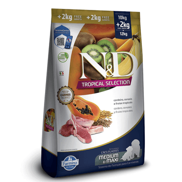 Ração N&D Tropical Selection Cães Puppy Medium e Maxi Cordeiro  10 kg + 2 kg Grátis lado