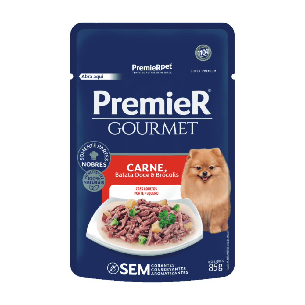 Ração Úmida Premier Gourmet Cães Adultos Porte Pequeno Carne, Batata Doce e Brócolis