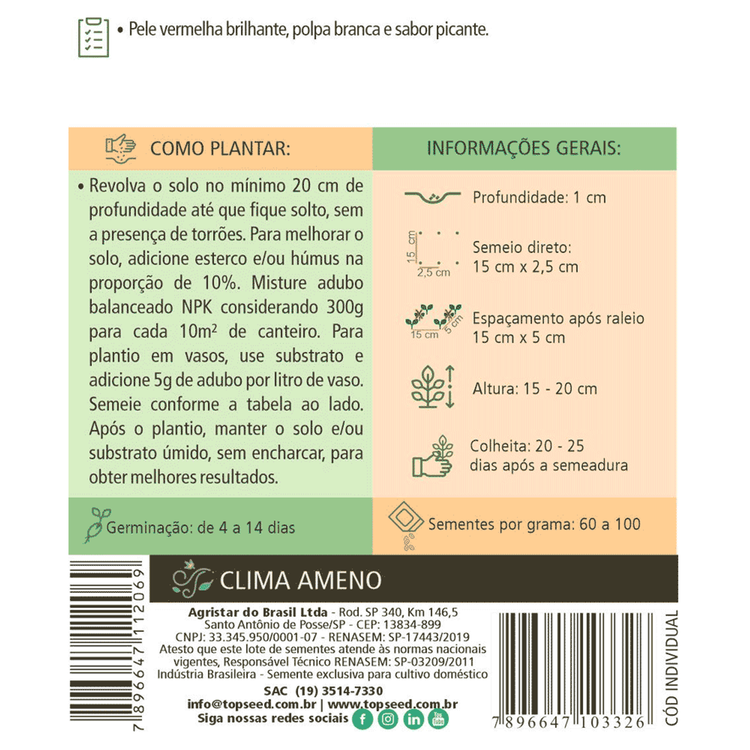 Informações das Sementes de Rabanete Cometo Tradicional Topseed Garden