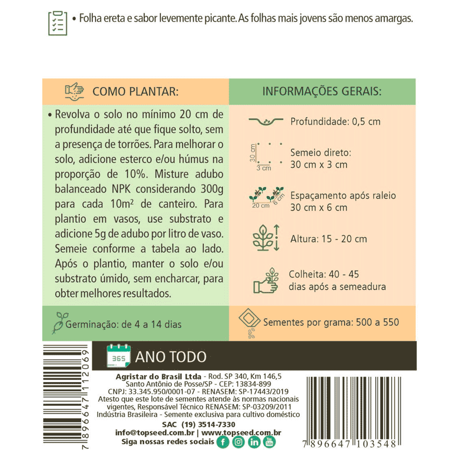 Indicações das Sementes de Rúcula Folha Larga Tradicional Topseed Garden