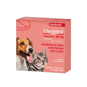 Antibiótico Chemitril 50mg para Cães e Gatos Chemitec - 10 comprimidos