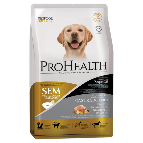 Ração ProHealth Light Cães Castrados Raças Médias Frango, Batata Doce, Gengibre e Damasco 2,5 kg
