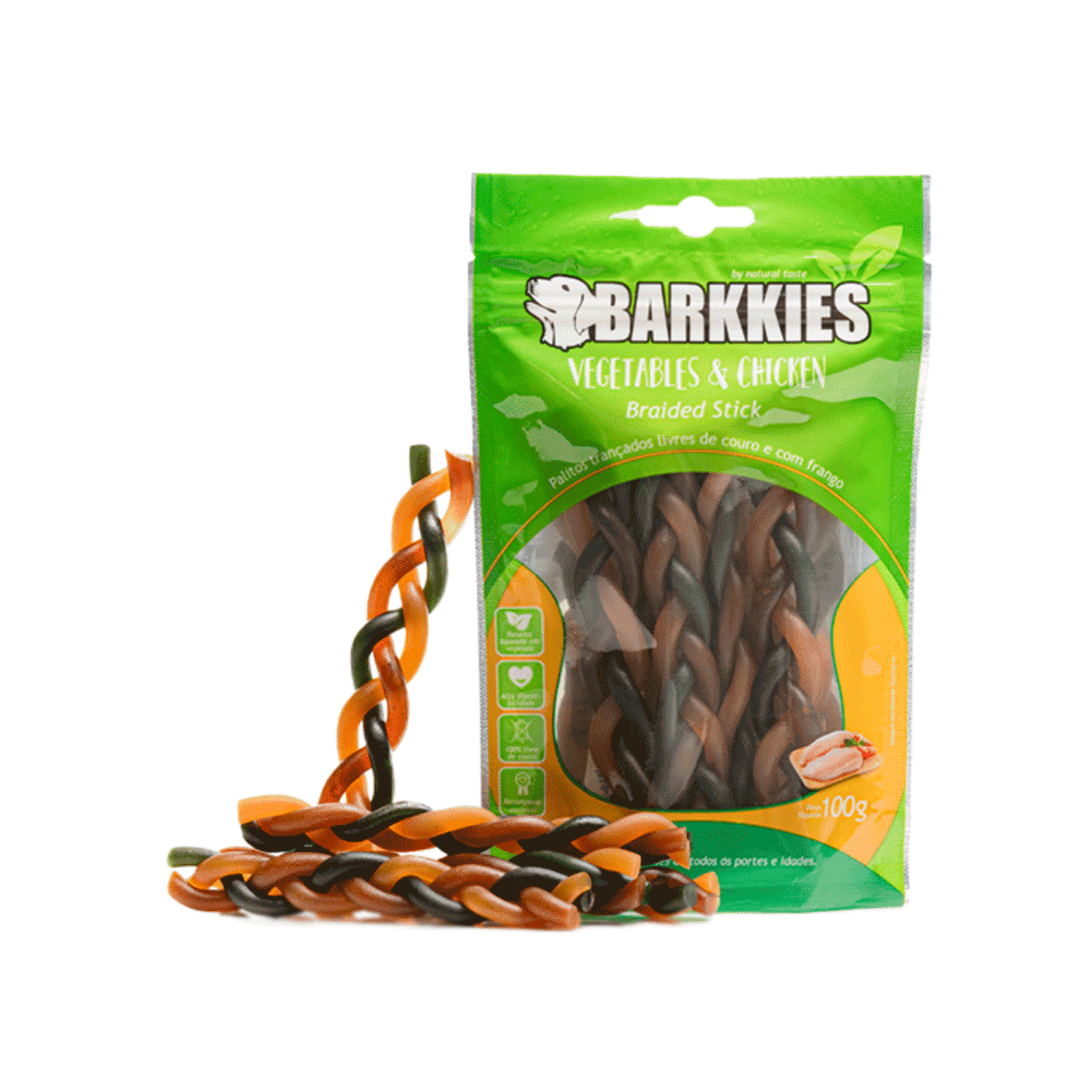 Petisco Natural Cães Barkkies Stick Trançado Vegetais e Frango 100g