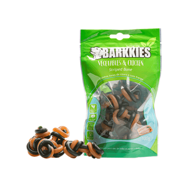 Petisco Natural Cães Barkkies Striped Bone Vegetais e Frango 100g