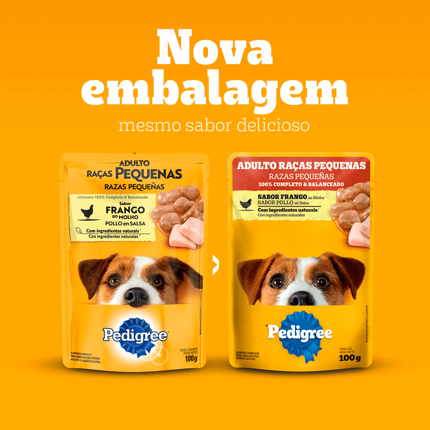 Troca de Embalagem da Ração Úmida Pedigree Sachê Cães Adultos Raças Pequenas Frango ao Molho