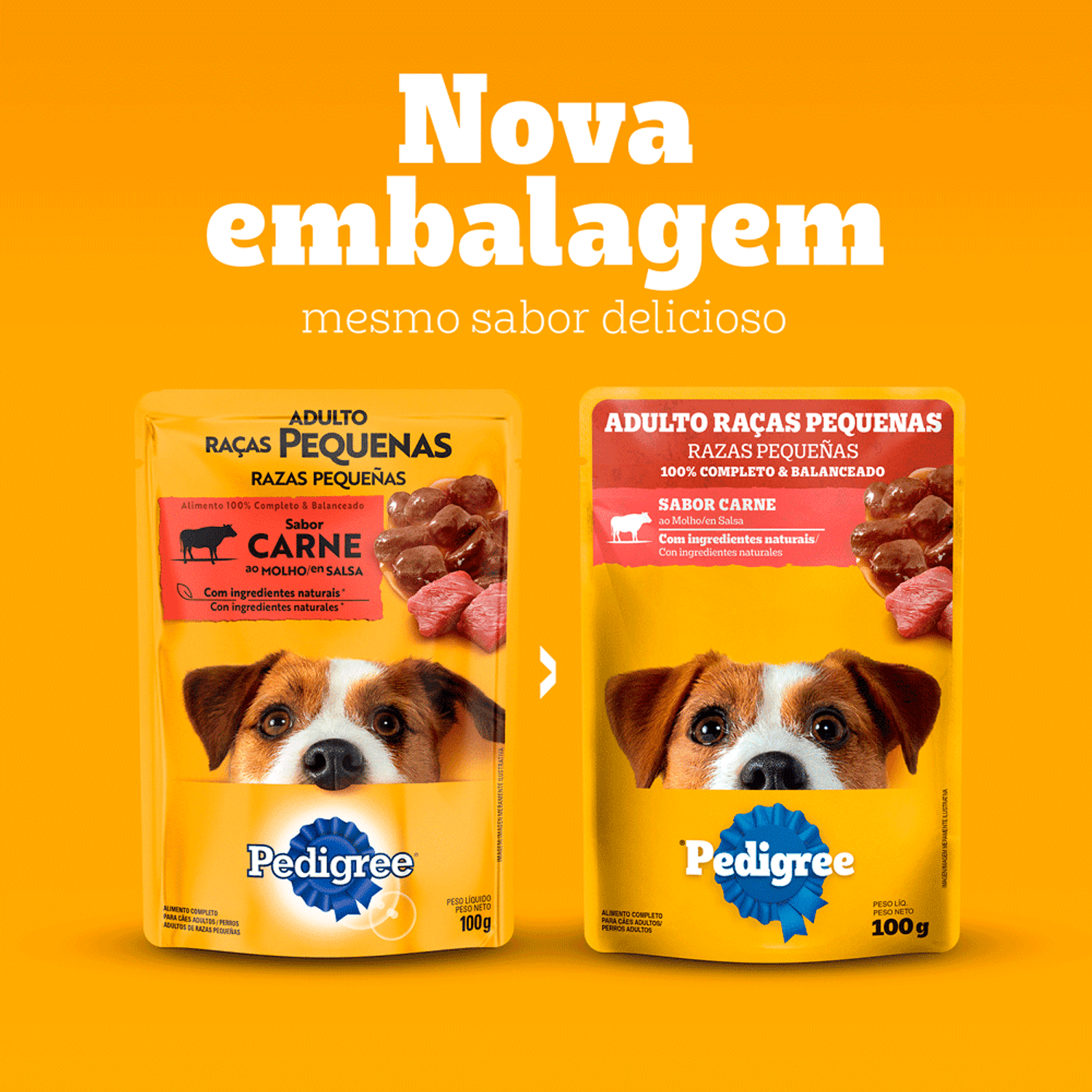 Troca de Embalagem da Ração Úmida Pedigree Sachê Cães Adultos Raças Pequenas Carne ao Molho