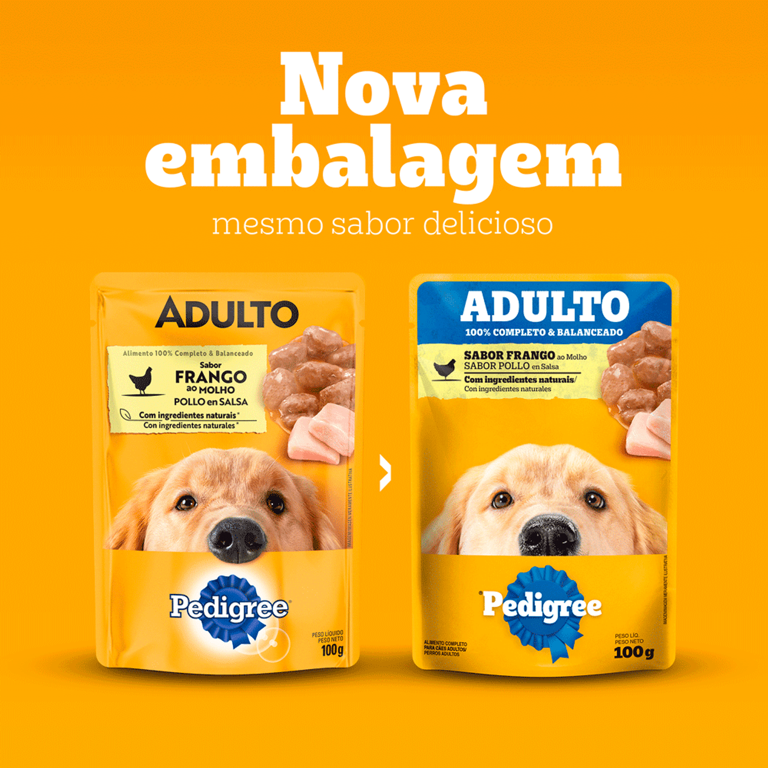 Troca de Embalagem da Ração Úmida Pedigree Sachê Cães Adultos Frango ao Molho