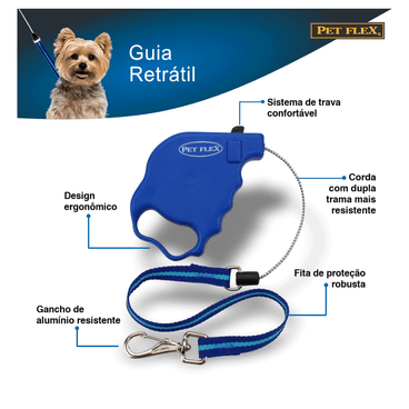 Guia Retrátil Premium Pet Flex Azul até 7kg 3M qualidades