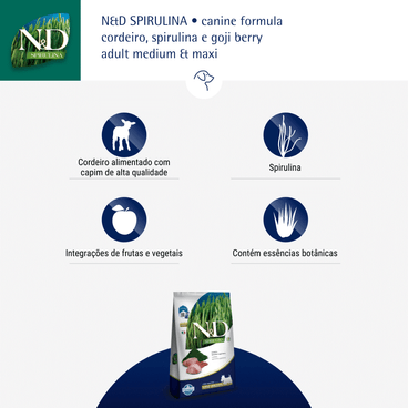 Ração N&D Spirulina Cães Adultos Medium e Maxi Cordeiro benefícios