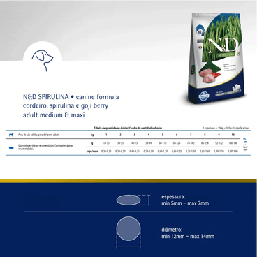 Ração N&D Spirulina Cães Adultos Medium e Maxi Cordeiro quantidade recomendada
