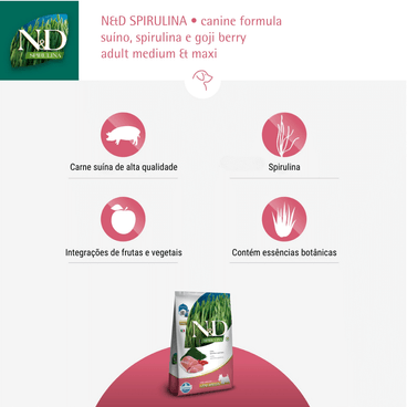 Ração N&D Spirulina Cães Adultos Medium e Maxi Suíno benefícios