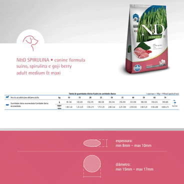 Ração N&D Spirulina Cães Adultos Medium e Maxi Suíno quantidade recomendada