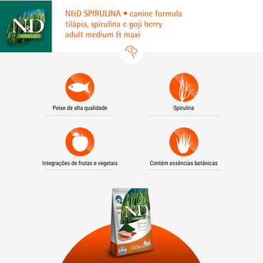 Ração N&D Spirulina Cães Adultos Medium e Maxi Tilápia benefícios