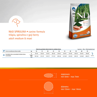 Ração N&D Spirulina Cães Adultos Medium e Maxi Tilápia quantidade recomendada