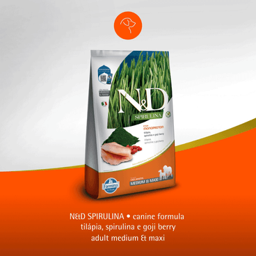 Ração N&D Spirulina Cães Adultos Medium e Maxi Tilápia