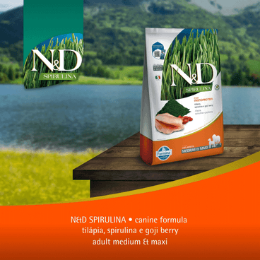 Ração N&D Spirulina Cães Adultos Medium e Maxi Tilápia