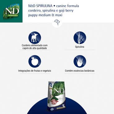 Ração N&D Spirulina Cães Puppy Medium e Maxi Cordeiro benefícios