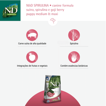 Ração N&D Spirulina Cães Puppy Medium e Maxi Suíno benefícios