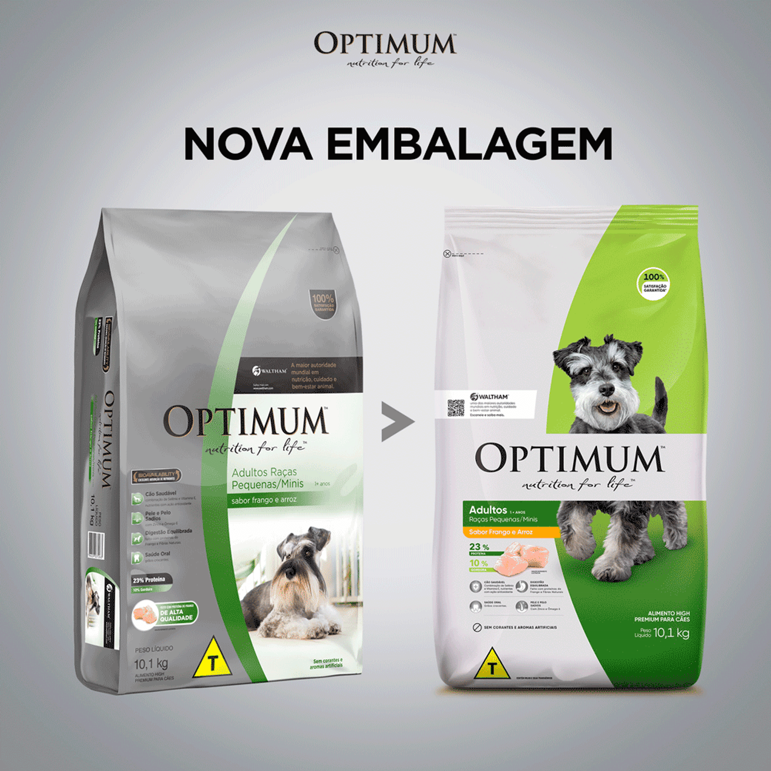 Troca de Embalagem da Ração Optimum para Cães Adultos Raças Pequenas e Mini Frango e Arroz